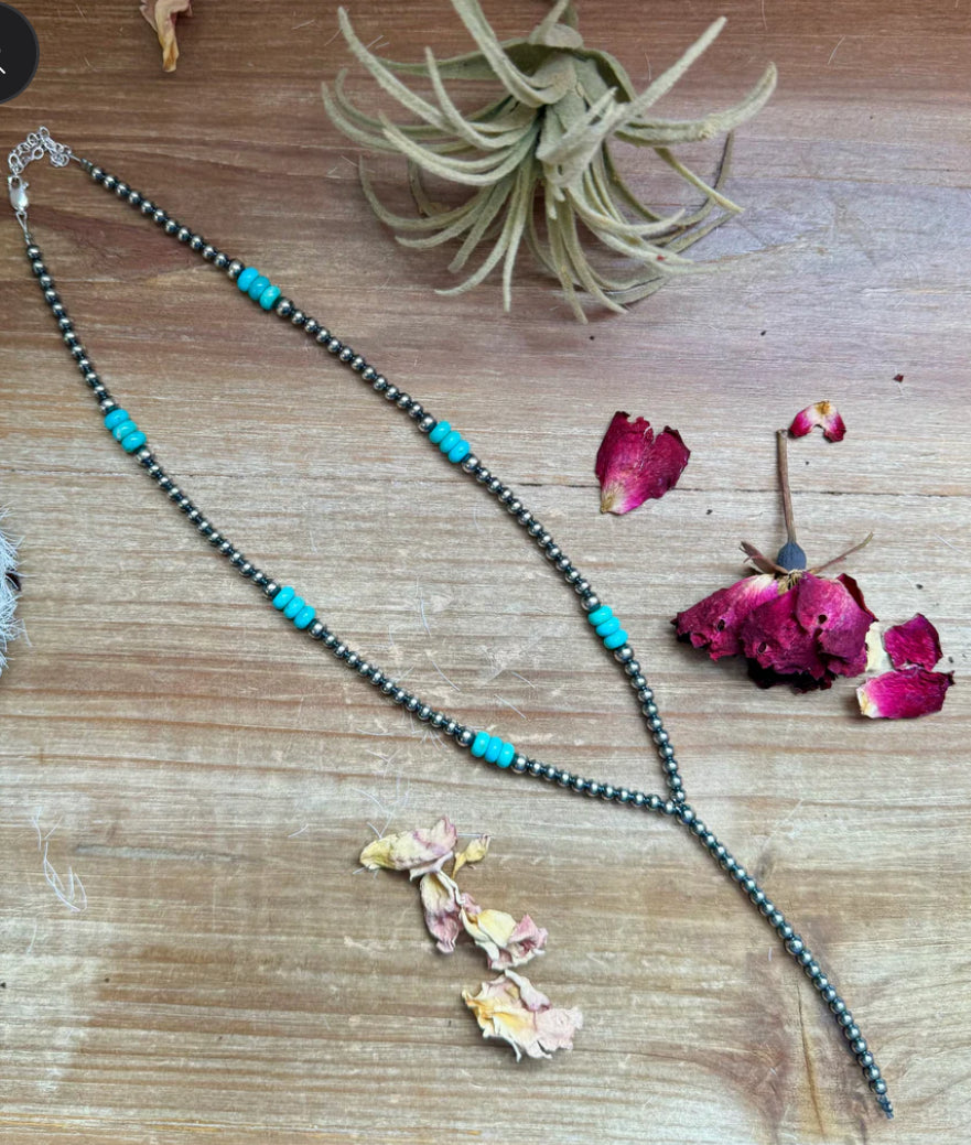 Lariat sterling silver pearls and turquoise