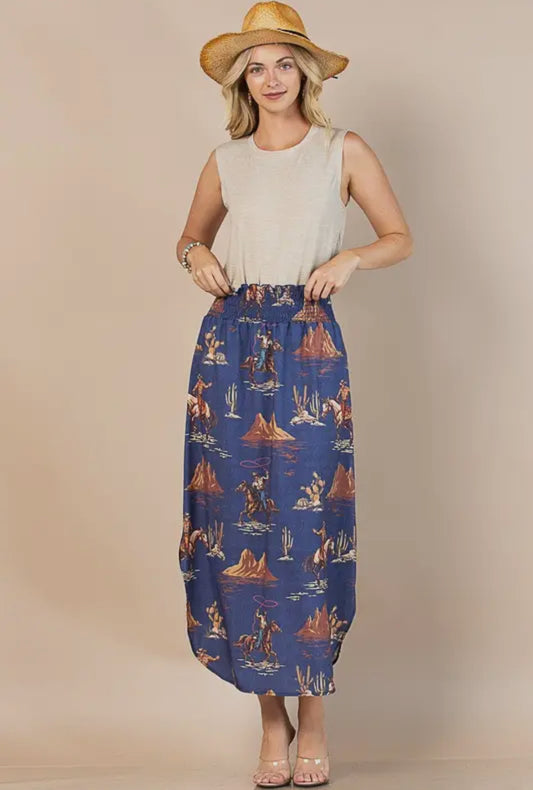 Denim western Wild West print smock waist skirt