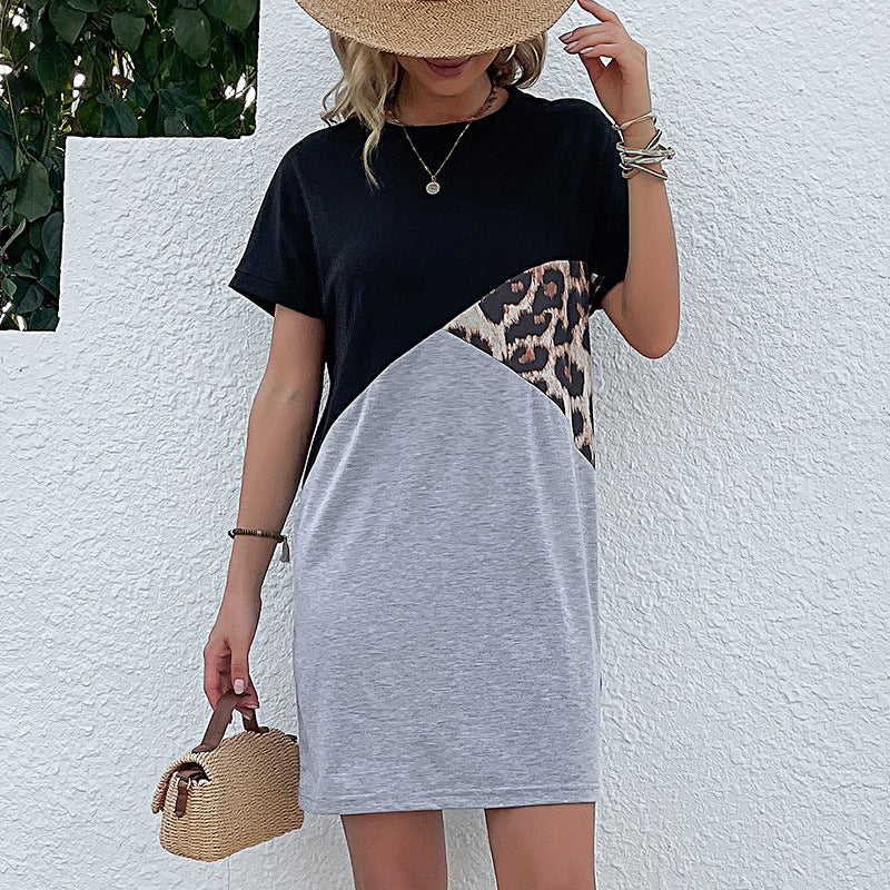 Loose Patchwork with Leopard T-Shirt Dress Short Sleeve