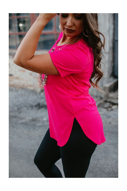 ESSENTIAL NEON PINK SHORT SLEEVE TOP WITH CURVED HEM RELAXED FIT SCOOP NECK WITH SIDE SLIT