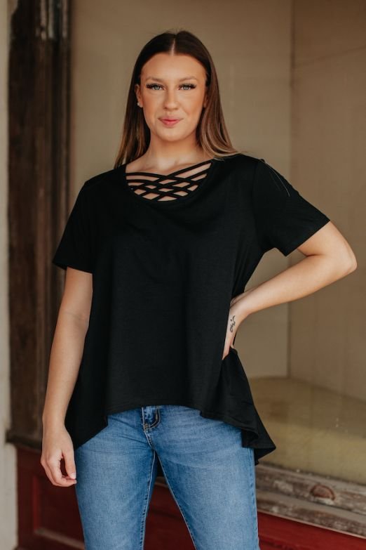 ESSENTIAL BLACK RELAXED FIT CAGED NECK TOP